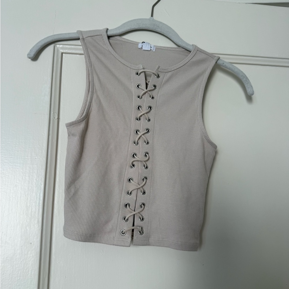 Tan Crop Tank Top with Cut Out Details
